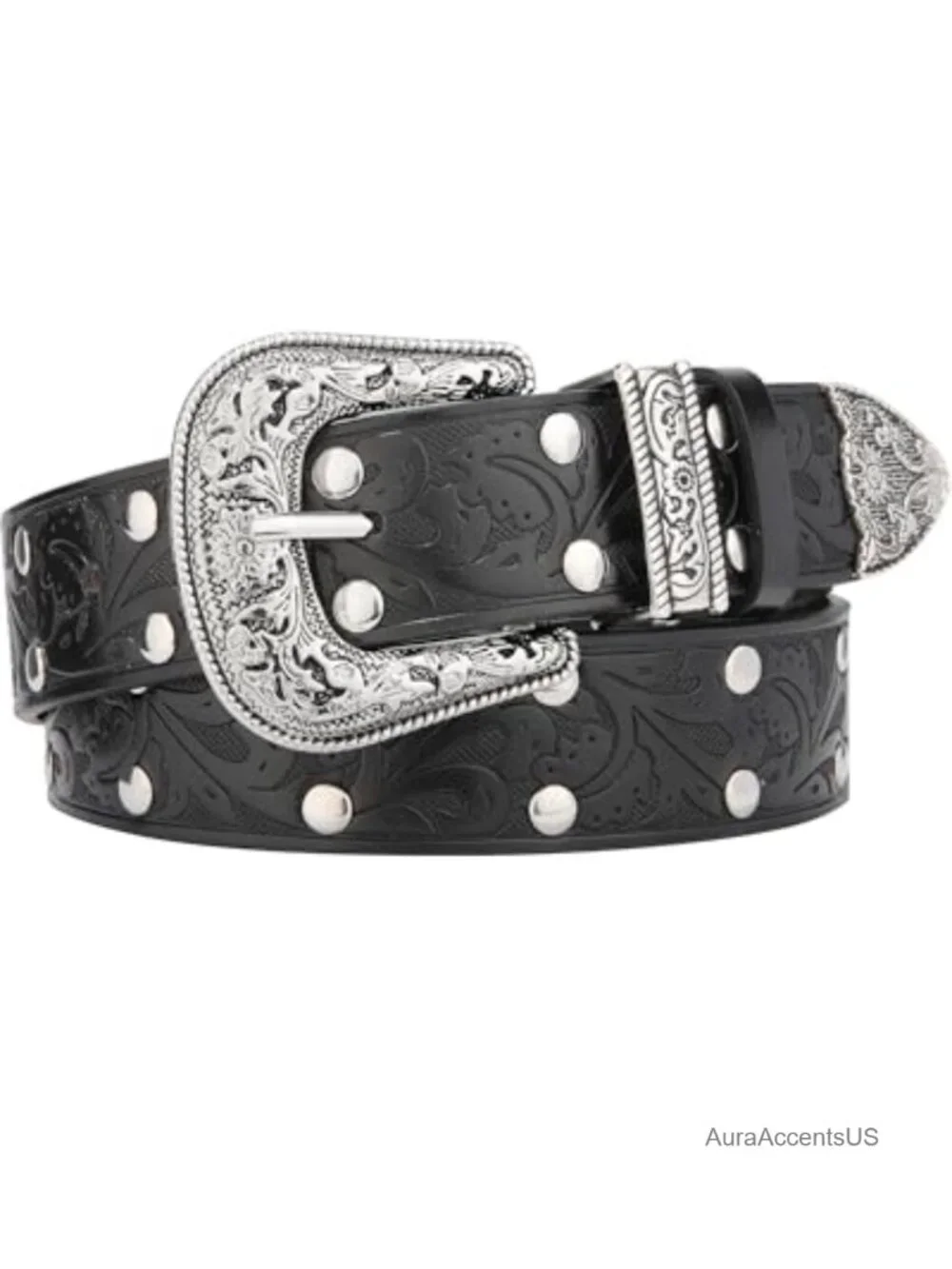 Vintage Engraved PU Leather Western Cowgirl Belt with Silver Buckle